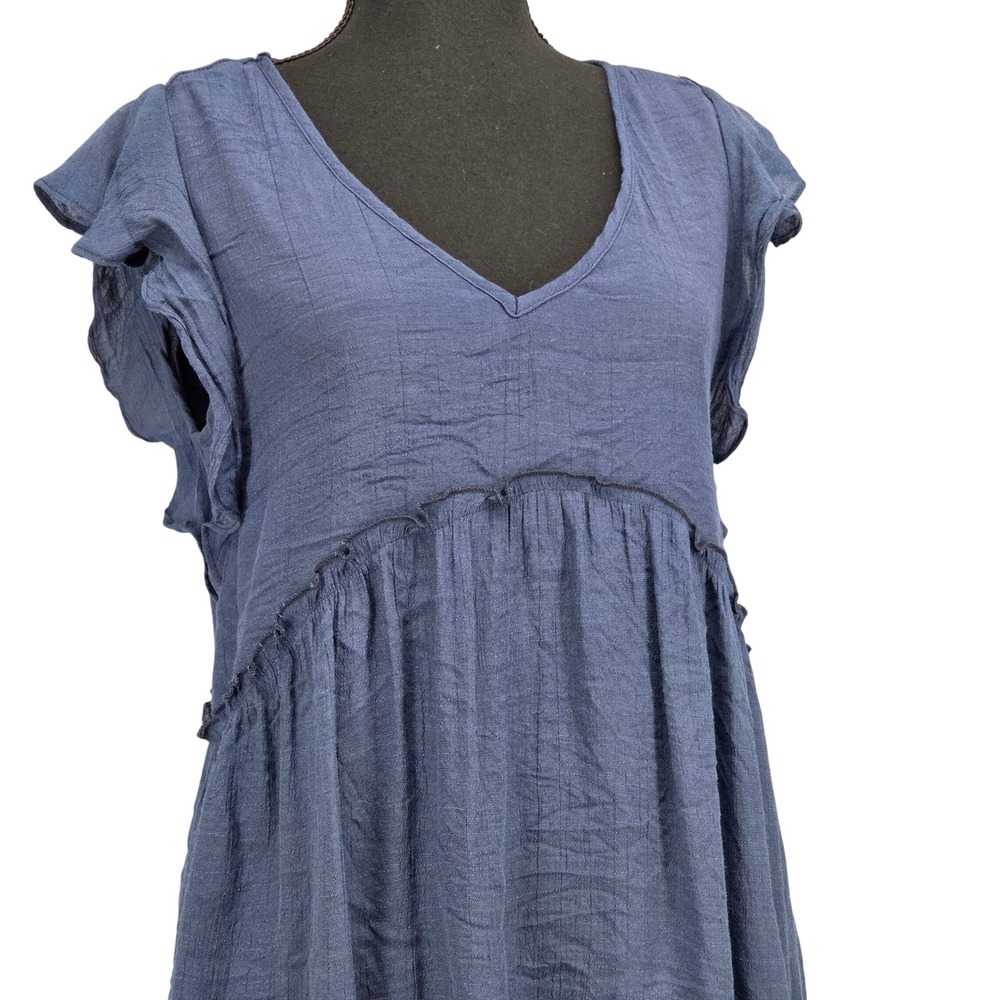 &merci‎ Women Small Babydoll Tiered Mini Dress Navy Blue Flutter Sleeve V Neck